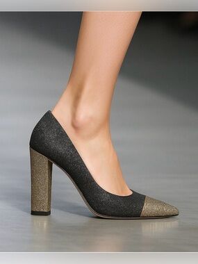 Sam Edelman Black and Gold Glitter Pointed Toe Block Heel Pumps